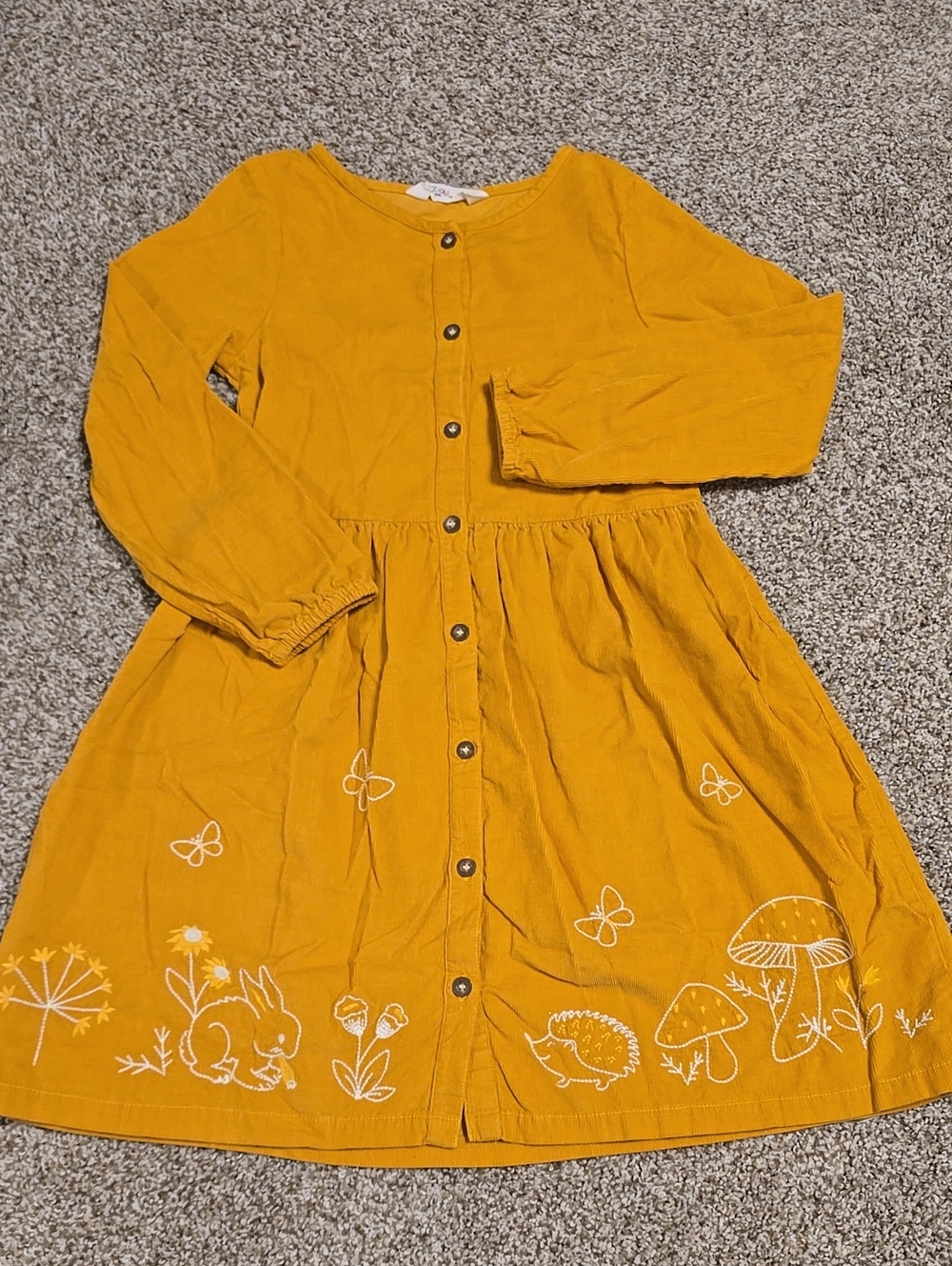 Girls' Mustard Yellow, Corduroy, Button-Front Dress with Woodland Embroidery 🦔